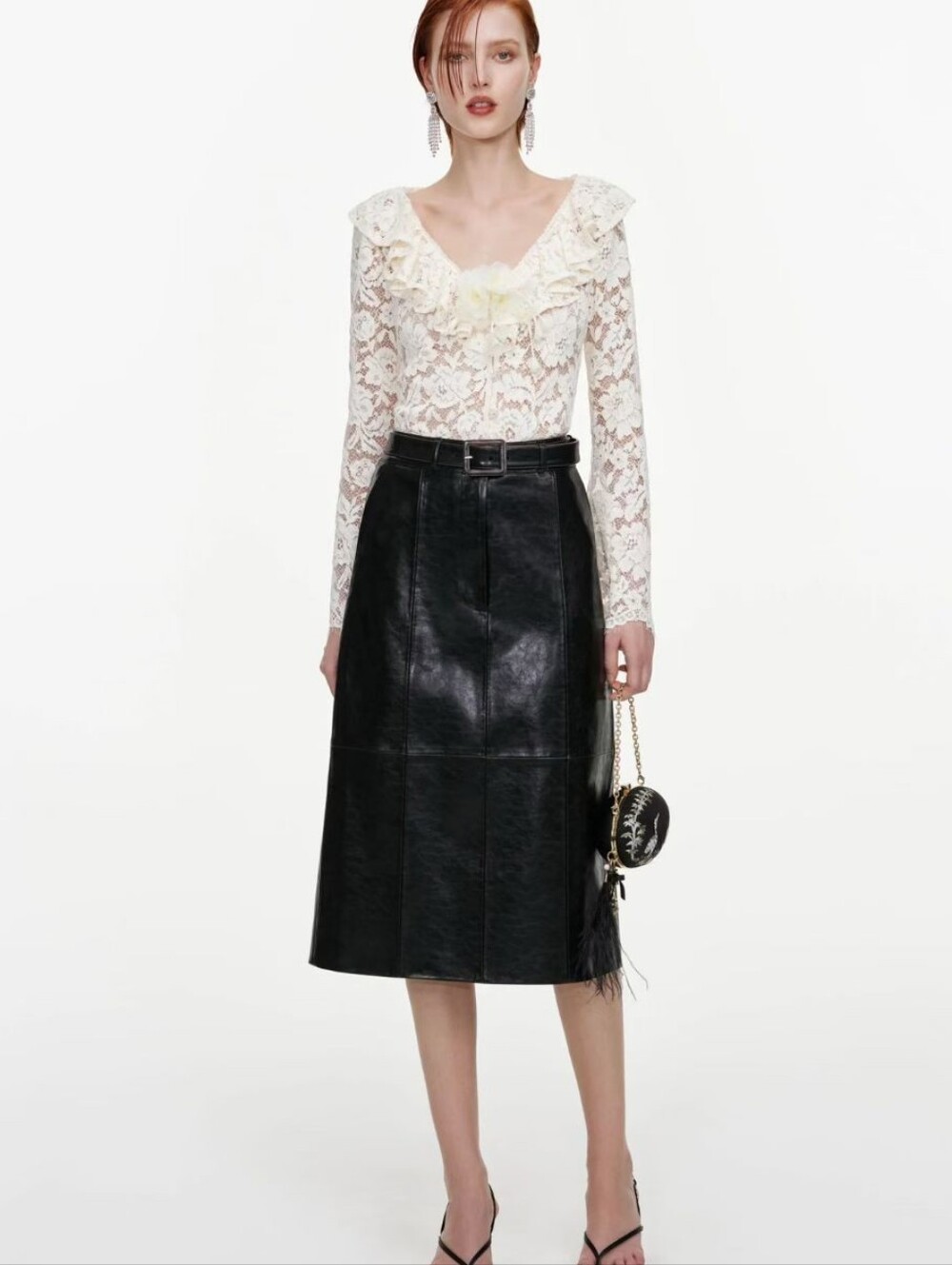 Self Portrait Black Belted Faux Leather Midi Skirt